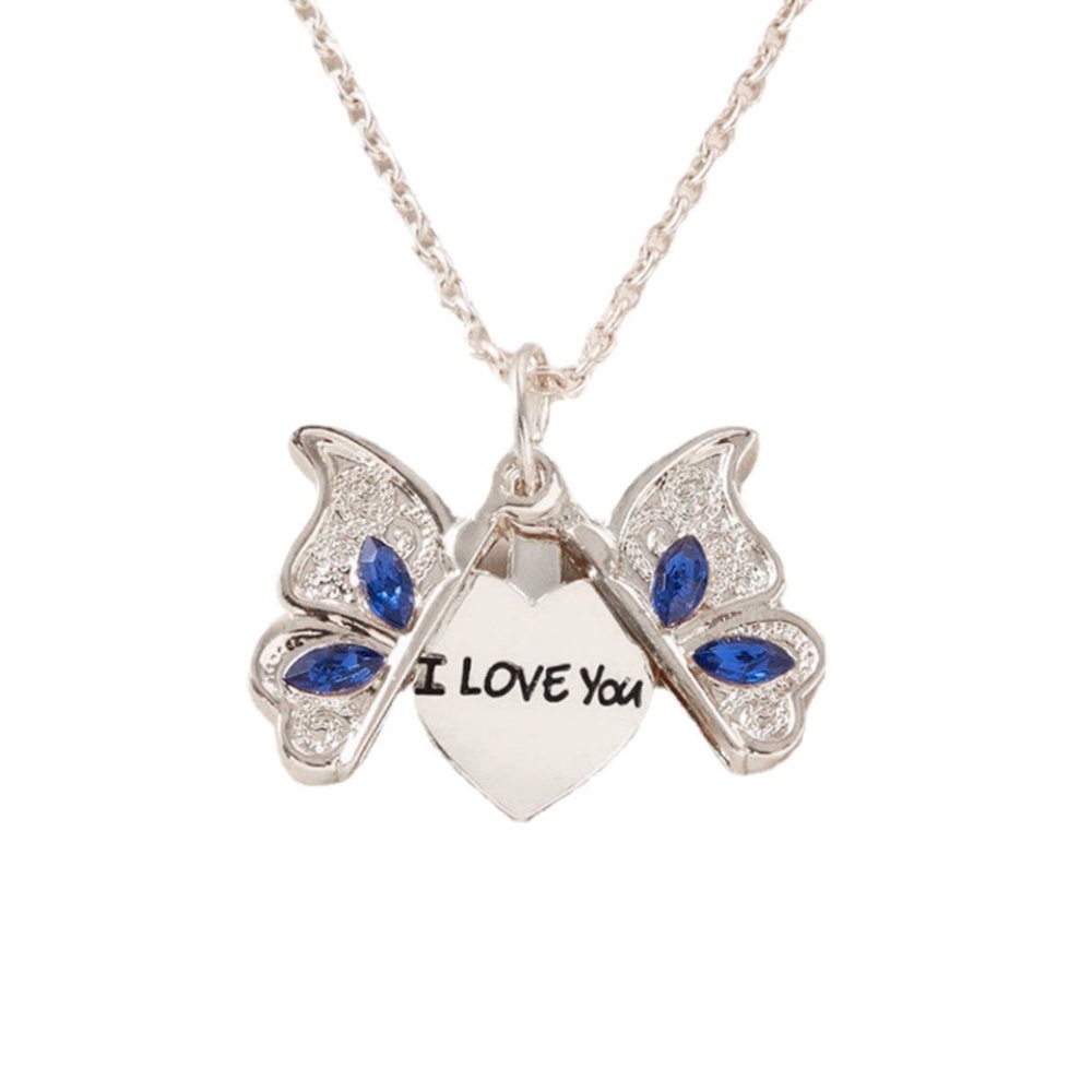 Silver Butterfly Heart Necklace locket “I love you” message